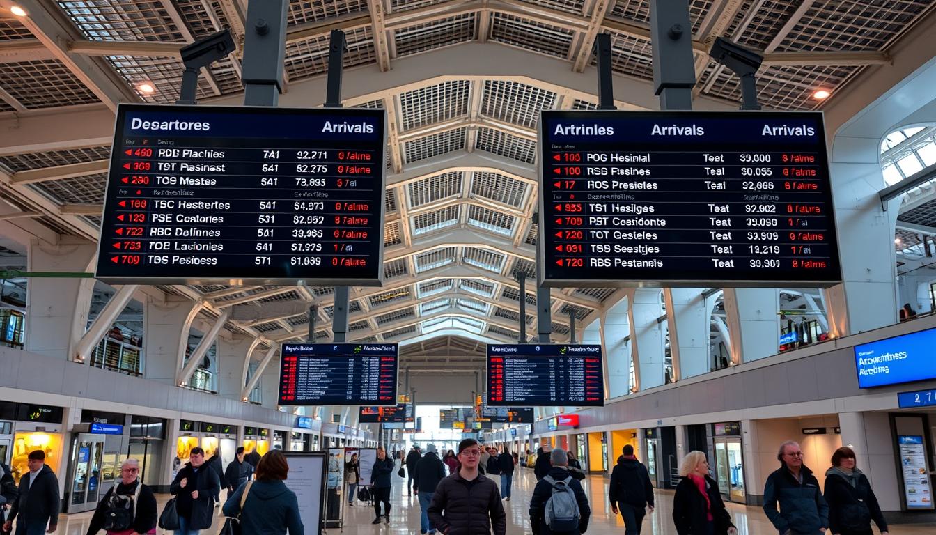 train station signs for departures and arrivals